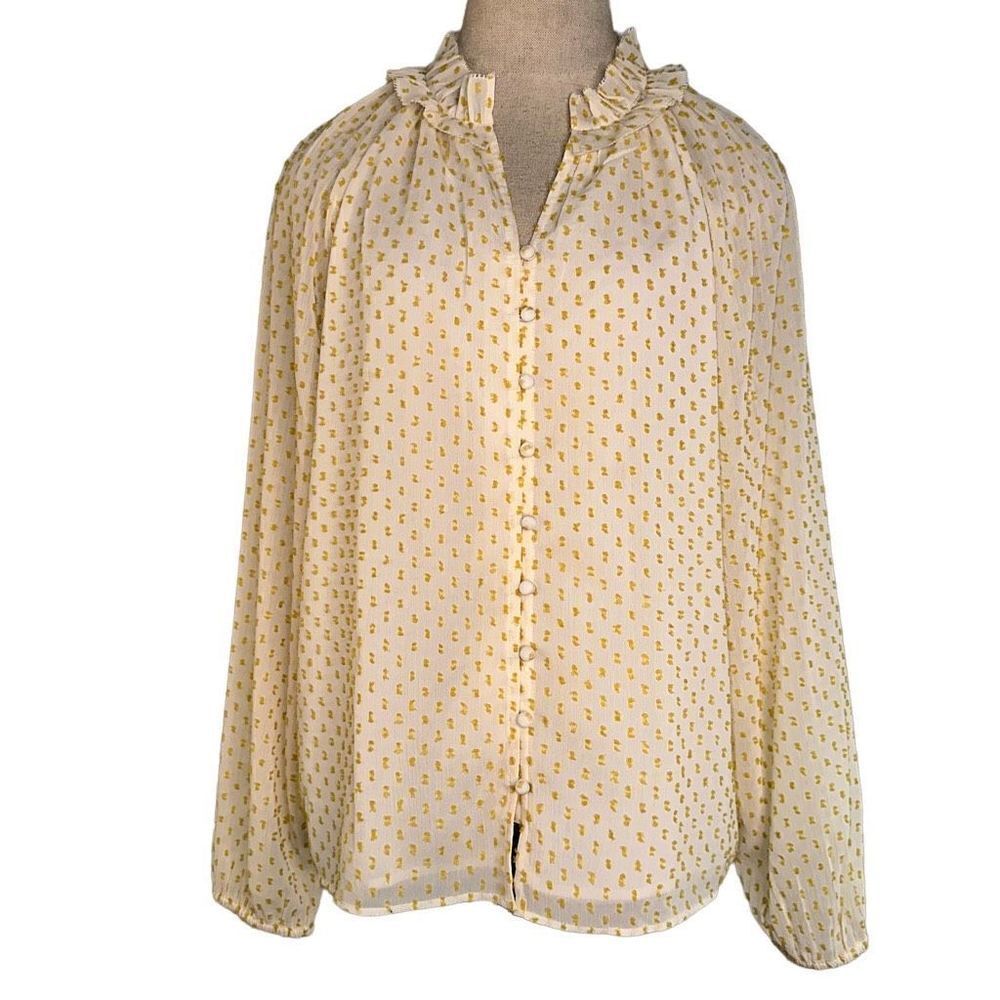 Ann Taylor Womens White Yellow Speckled Tweed Button Front Chiffon Blouse NWT